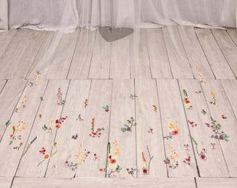 KA112 Colorful Wildflower Embroidered Bridal Veil, Sheer Tulle Veil with Scattered Floral Appliqués, Custom Length Wedding Veil