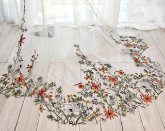 KA121 Bridal Cape with Wildflower Embroidered Train, Sheer Tulle Wedding Cape with Botanical Floral Hem