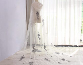 KA70 Hooded bridal cape with black floral lace embroidery in boho style, Simple and romantic chapel length bridal cape, hooded wedding cape.