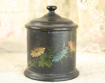 Lovely Antique Black Papier Mache Round Box with Lid, Painted Flowers