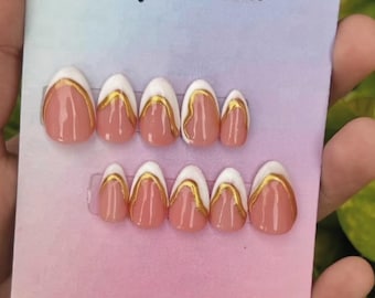 Pink & White French Presson Nails with Golden Chrome