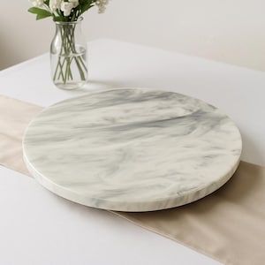 White Marbled Resin Lazy Susan – Round Teak Wood Kitchen Centerpiece