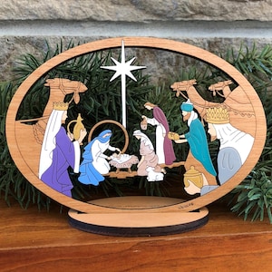 Camel Nativity Scene with Stand for Christmas Decor-Wood, Laser Cut, Hand Painted, Holiday Home Decor 6&quot; x 4&quot;