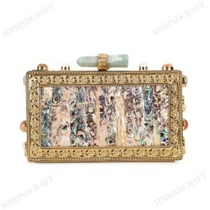 Luxury Abalone Shell & Gemstone Box Clutch – Antique Gold Finish