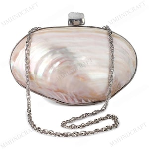 Double sided white iridescent seashell purse with metal frame clam shell evening bag