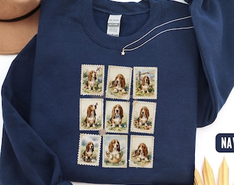 Vintage Basset Hound Stamp Shirt, Basset Hound Gift for Dog Lover, Retro Dog Shirt, Dog Mom Sweatshirt, Grandma Core, Cottagecore, Hound Dog