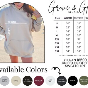 Pode incluir: Moletom com capuz unissex bege com bolso frontal. A imagem inclui uma tabela de tamanhos com medidas em cent&iacute;metros e uma paleta de cores com op&ccedil;&otilde;es como branco, cinza e preto. O texto diz "Grove & Glory Studio".