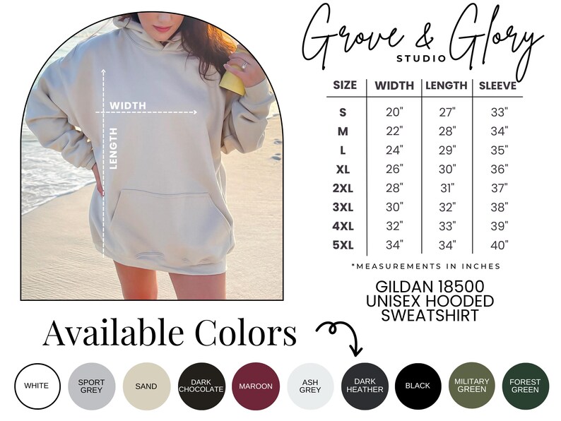 Pode incluir: Moletom com capuz unissex bege com bolso frontal. A imagem inclui uma tabela de tamanhos com medidas em cent&iacute;metros e uma paleta de cores com op&ccedil;&otilde;es como branco, cinza e preto. O texto diz "Grove & Glory Studio".