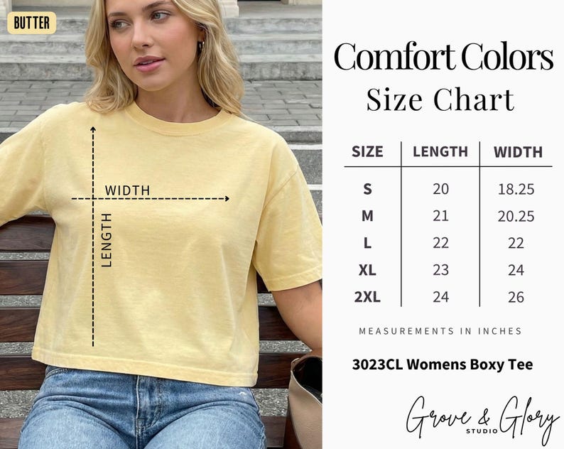 K&ouml;nnte beinhalten: Eine Frau tr&auml;gt ein gelbes Boxy-T-Shirt. Das Bild enth&auml;lt eine Gr&ouml;&szlig;entabelle mit Ma&szlig;en in Zoll f&uuml;r das Shirt. Das Shirt ist mit "Butter" gekennzeichnet und die Marke ist "Grove & Glory Studio".