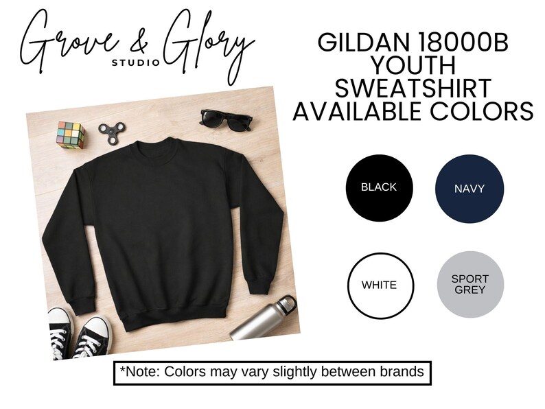 May include: A black Gildan 18000B youth sweatshirt. The image shows the sweatshirt with available colors: black, navy, white, and sport grey. The Grove & Glory Studio logo is in the top left corner.