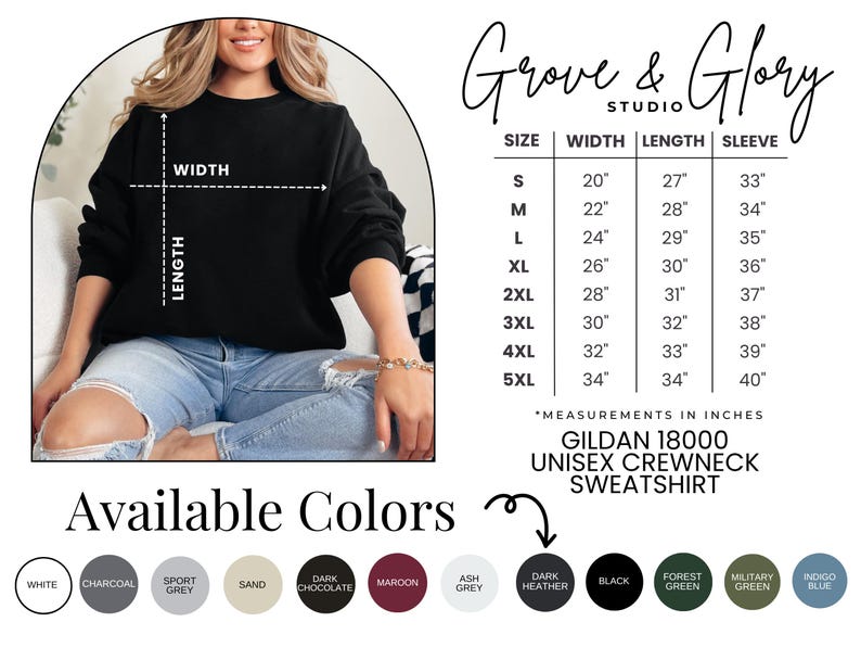 Pode incluir: Camisola unissexo preta com gola redonda, tabela de tamanhos e op&ccedil;&otilde;es de cores. A camisola &eacute; uma Gildan 18000, com medidas em polegadas. As cores dispon&iacute;veis incluem branco, carv&atilde;o, cinza desportivo, areia, chocolate preto, bord&ocirc;, cinza cinza, heather escuro, preto, verde floresta, verde militar e azul &iacute;ndigo.