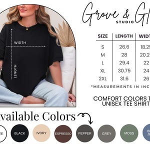 Może przedstawiać: Czarny t-shirt unisex z opcjami rozmiaru i koloru. Wymiary koszulki podane są w calach. Dostępne kolory to biały, czarny, kość słoniowa, espresso, pieprz, szary, mech i niebieski dżins. Marka to Grove & Glory Studio.