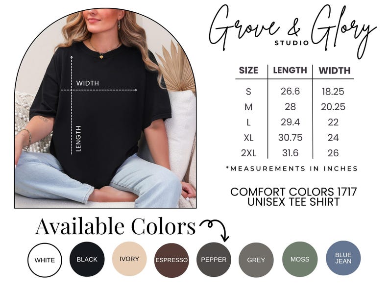 Może przedstawiać: Czarny t-shirt unisex z opcjami rozmiaru i koloru. Wymiary koszulki podane są w calach. Dostępne kolory to biały, czarny, kość słoniowa, espresso, pieprz, szary, mech i niebieski dżins. Marka to Grove & Glory Studio.