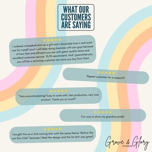 May include: A graphic featuring customer testimonials with star ratings and text bubbles against a pastel rainbow background. The text reads "What Our Customers Are Saying" and includes the Grove & Glory Studio logo.