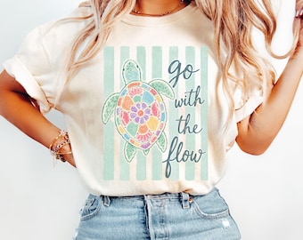 Go With The Flow Turtle Striped Shirt, Preppy Sea Turtle Tee, Mental Health Shirt, Cute Turtle Crewneck, Positivity Tee, Ocean Lover Shirt
