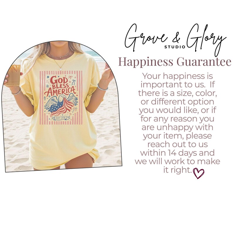 May include: A light yellow t-shirt featuring a patriotic design with an eagle, American flag, and the text "God Bless America." The design is framed by vertical red stripes. The shirt is worn by a person on a beach.