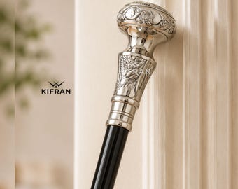 Handcrafted Walking Cane, Ornate Silver Handle, Black Hardwood Shaft, Detachable Gentleman Accessory
