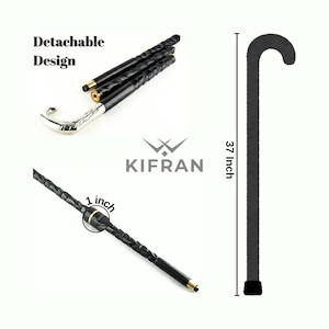 May include: Black cane with a silver handle and a detachable design. The cane is 37 inches long and 1 inch in diameter. The cane has a curved handle and a black rubber tip. The brand name "KIFRAN" is visible.