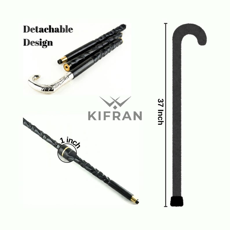 May include: Black cane with a silver handle and a detachable design. The cane is 37 inches long and 1 inch in diameter. The cane has a curved handle and a black rubber tip. The brand name "KIFRAN" is visible.