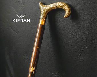 Handcrafted Wooden Walking Stick with Brass Handle and Comfortable Grip