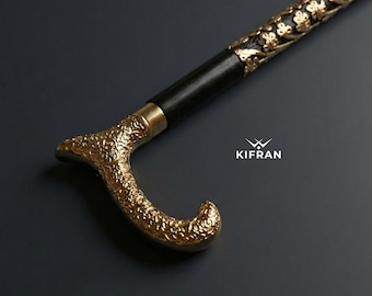 Hand Carved Wooden Walking Stick with Brass Handle