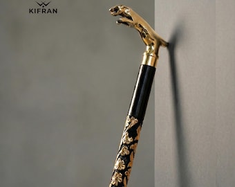 Handcarved Wooden Walking Cane with Brass Jaguar Handle, Comfortable Grip, Elegant Gift