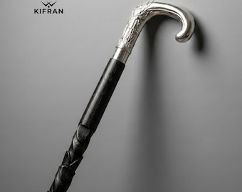 Handcarved Wooden Walking Stick with Steel Handle, Handmade Canega
