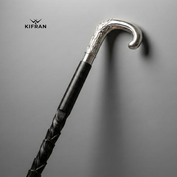 Handcarved Wooden Walking Stick with Steel Handle, Handmade Canega
