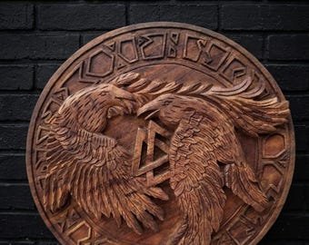 Wooden Viking Raven Shield: Huginn & Muninn Odin Wall Art Handmade