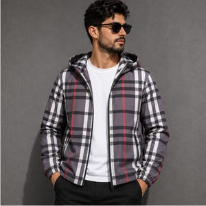 Men's Plaid Hooded Jacket, Lightweight Zip-Up Windbreaker, Casual Outdoor Coat