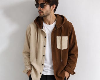 Colorblock Corduroy Hoodie Shirt | Men's Casual Long Sleeve Streetwear Top