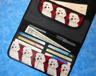 Large Women Wallet - 9 Pocket Quilted Wallet Maltese Dog Lover Gift Wallet Trifold Organizer Wallet Vegan Cloth Wallet Fabric Ladies Velcro