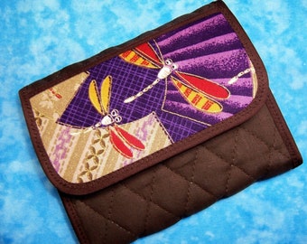 Women Wallet - Small Lightweight Wallet Quilted Fabric Wallet Asian Dragonfly Wallet Cloth Trifold Wallet Ladies Velcro Wallet