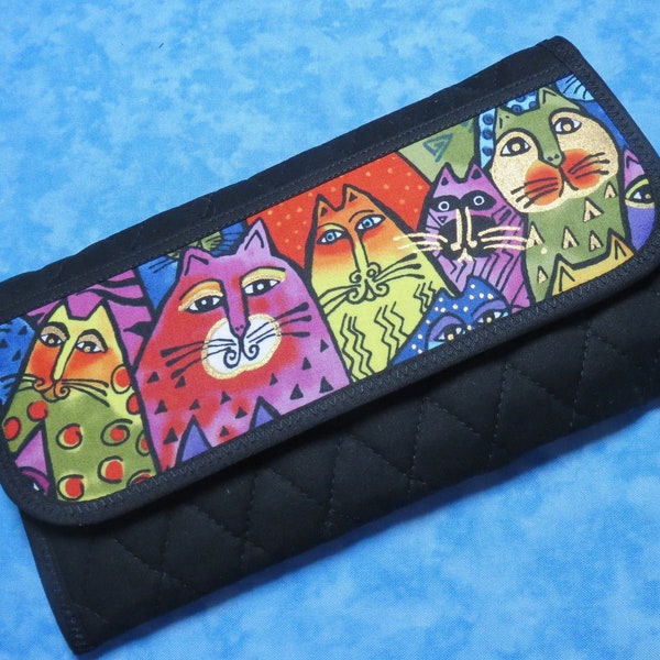 Women Large Wallet - 9 Pocket Laurel Burch Cat Lover Gift Wallet Long Organizer Wallet Quilted Cloth Wallet Trifold Fabric Ladies Velcro