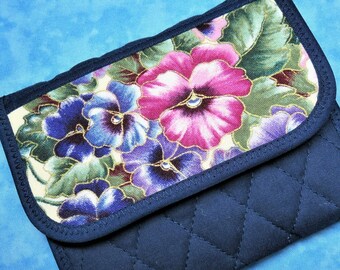 Women Wallet - Small lightweight Wallet Fabric Pansy Wallet Trifold Quilted Wallet Cloth Ladies Wallet Floral Vegan Wallet Billfold Velcro