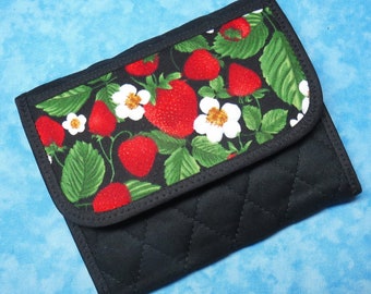 Women Fabric Wallet - Small Lightweight Wallet Strawberry Lover Gift Quilted Cloth Trifold Wallet Unique Handmade Wallet Ladies Velcro