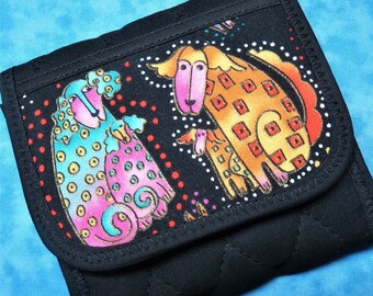 Women Tea Wallet - Laurel Burch Dog Lover Small Travel Wallet Quilted Fabric Cloth Tea Bag Holder Ladies Tea Lover Gift with Velcro