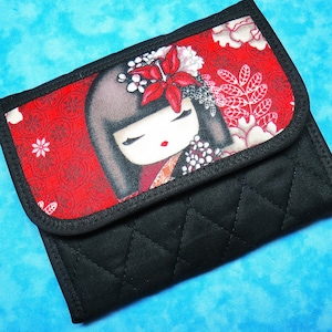 Cartera pequeña para mujer: billetera ligera de tela estilo geisha, billetera asiática kawaii, billetera acolchada triple, billetera vegana de tela para dama.