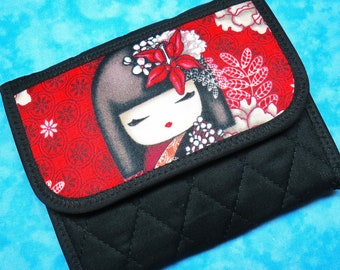 Women Small Wallet - 6 Pocket Lightweight Wallet Fabric Geisha Wallet Trifold Quilted Wallet Cloth Ladies Wallet Billfold Velcro Wallet