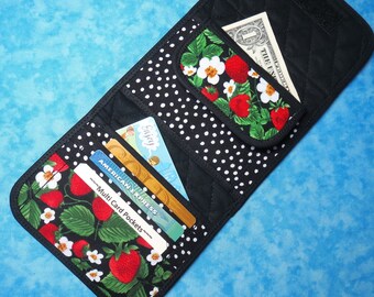 Women Fabric Wallet - Small Lightweight Wallet Strawberry Lover Gift Quilted Cloth Trifold Wallet Unique Handmade Wallet Ladies Velcro