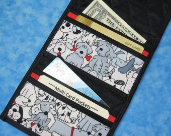 Women Card Wallet - 4 Pocket Credit Card Holder Small Wallet Quilted Dog Lover Wallet Trifold Fabric Wallet Business Card Case Velcro Wallet