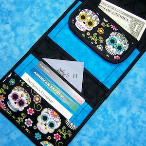 Cartera para mujer - Cartera pequeña y liviana Cartera de tela con calaveras de azúcar Cartera de tela con tres pliegues Cartera vegana para mujer Día de los Muertos