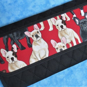 Cartera grande para mujer: Cartera de tela con 9 bolsillos, organizador con diseño de bulldog francés, cartera triple, cartera de tela acolchada, cartera para mujer con talonario de cheques, cartera vegana