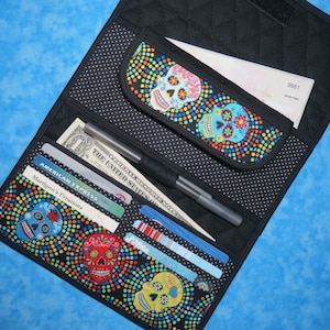 Cartera grande para mujer - Cartera organizadora de 9 bolsillos Cartera con calavera de azúcar y el Día de los Muertos Cartera acolchada larga Cartera de tela triple Cartera vegana para mujer