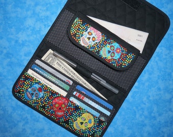 Women Large Wallet - 9 Pocket Organizer Wallet Sugar Skull Day of the Dead Wallet Long Quilted Wallet Trifold Fabric Wallet Vegan Velcro