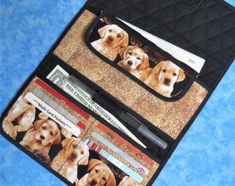 Large Women Wallet - 9 Pocket Trifold Wallet Lab Golden Retriever Dog Wallet Organizer Quilted Wallet Cloth Fabric Wallet Ladies Velcro