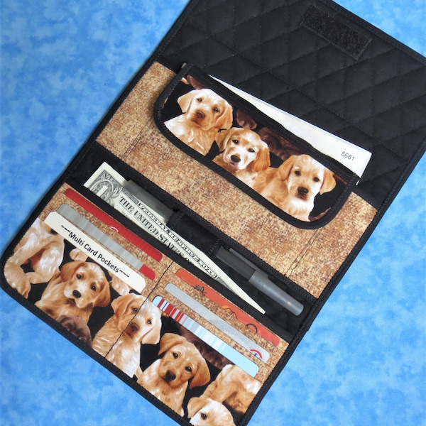 Large Women Wallet - 9 Pocket Trifold Wallet Lab Golden Retriever Dog Wallet Organizer Quilted Wallet Cloth Fabric Wallet Ladies Velcro