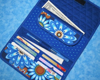 Women Large Wallet - 9 Pocket Fabric Wallet Quilted Daisy Wallet Cloth Trifold Wallet Organizer Checkbook Wallet Ladies Velcro Wallet