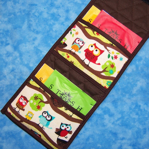 Women Tea Wallet - Tea Bag Wallet Cute Owl Tea Bag Holder Travel Wallet Fabric Wallet Vegan Wallet Brown Ladies Wallet Tea Bag Case Velcro