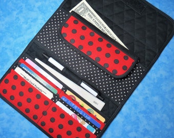 Women Large Wallet - 9 Pocket Polka Dot Wallet Fabric Quilted Wallet Cloth Ladies Wallet Trifold Organizer Wallet Checkbook Velcro Wallet